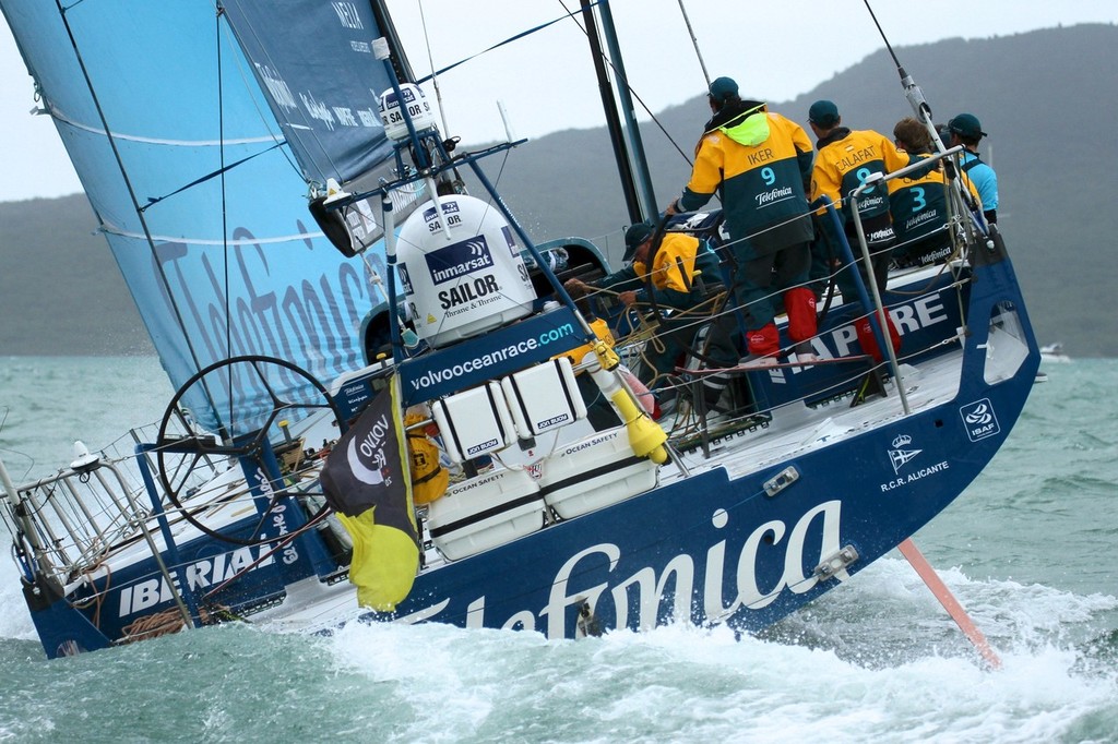 Telefonica at the entrance to the Waitemata- Volvo Ocean Race Auckland - Start March 18,2012 © Richard Gladwell www.photosport.co.nz